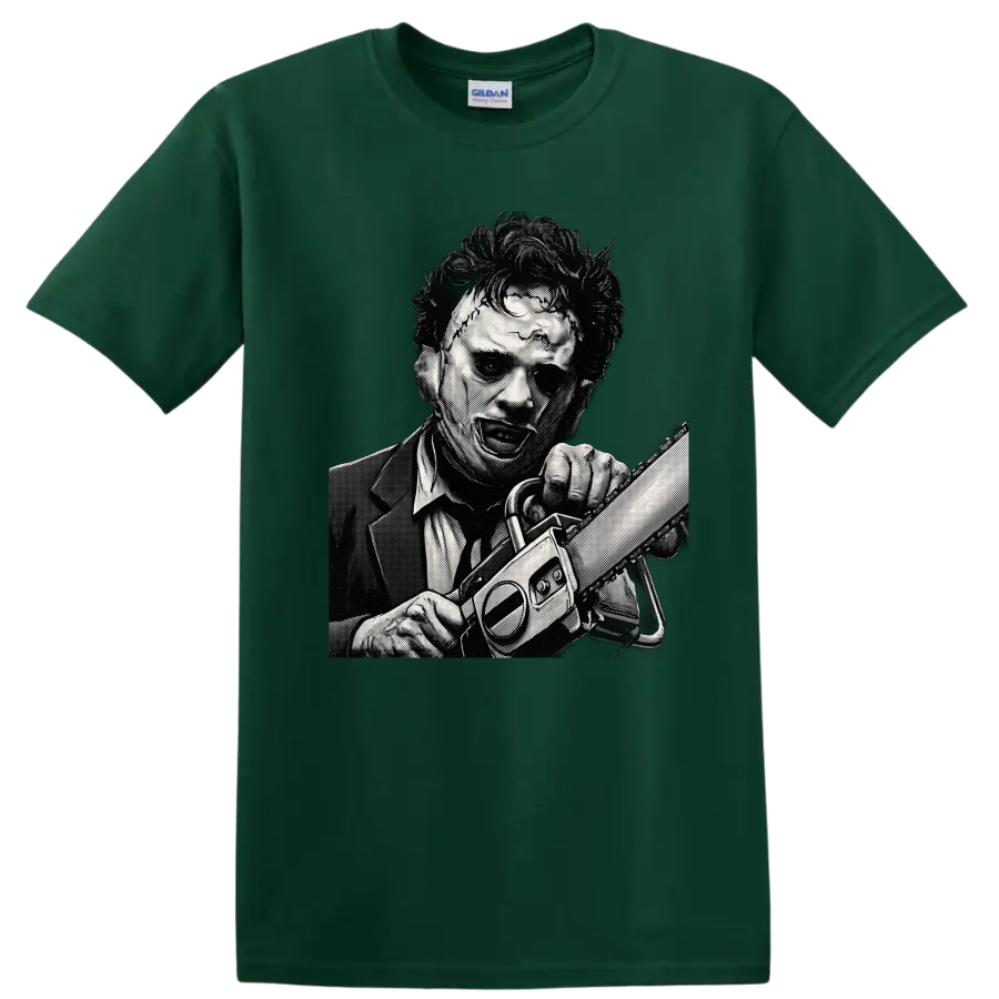 Leatherface wielding a chainsaw in black-and-white halftone horror art on a Forest Green T Shirt