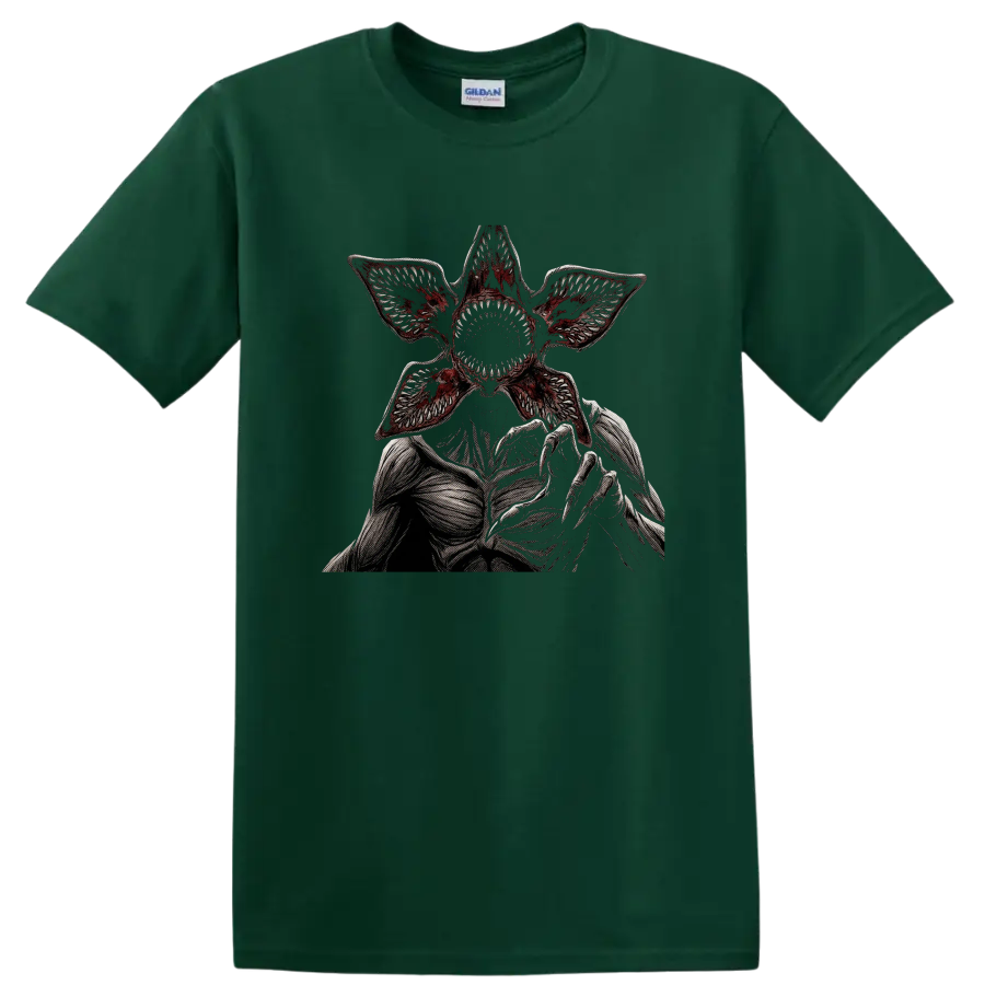 Demogorgon gothic horror graphic with flower-like mouth and reaching claws on a Forest Green T Shirt