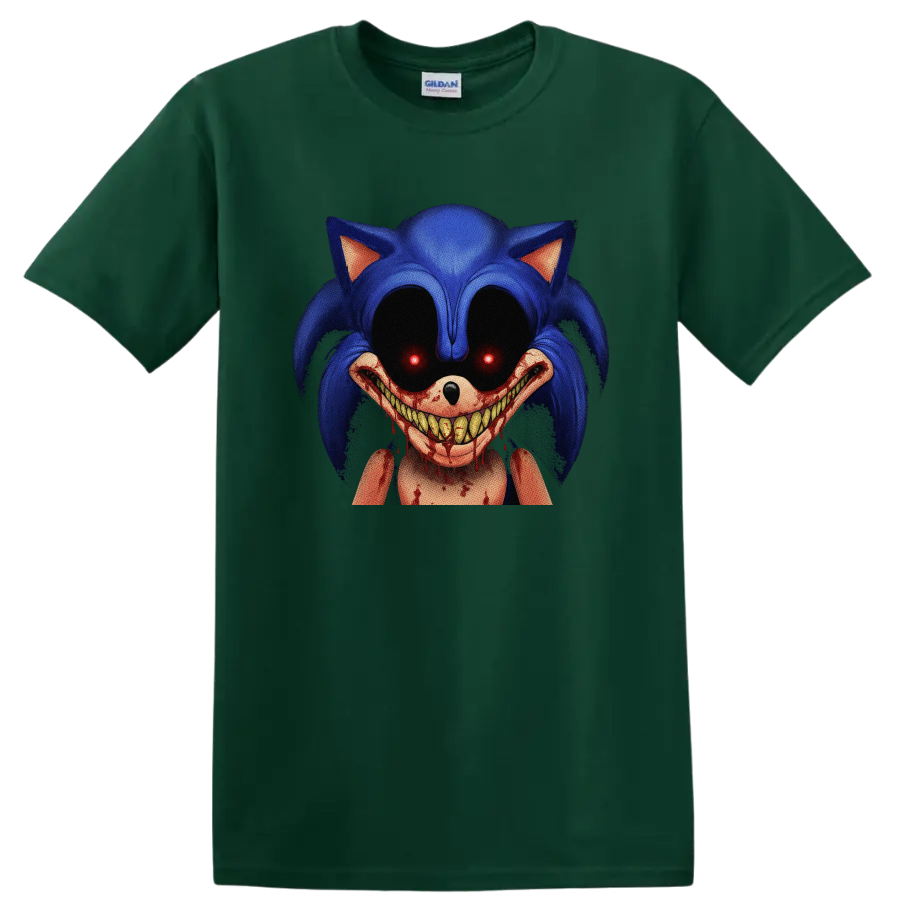 Sonic.EXE horror character with glowing red eyes and bloody toothy grin on a Forest Green T Shirt