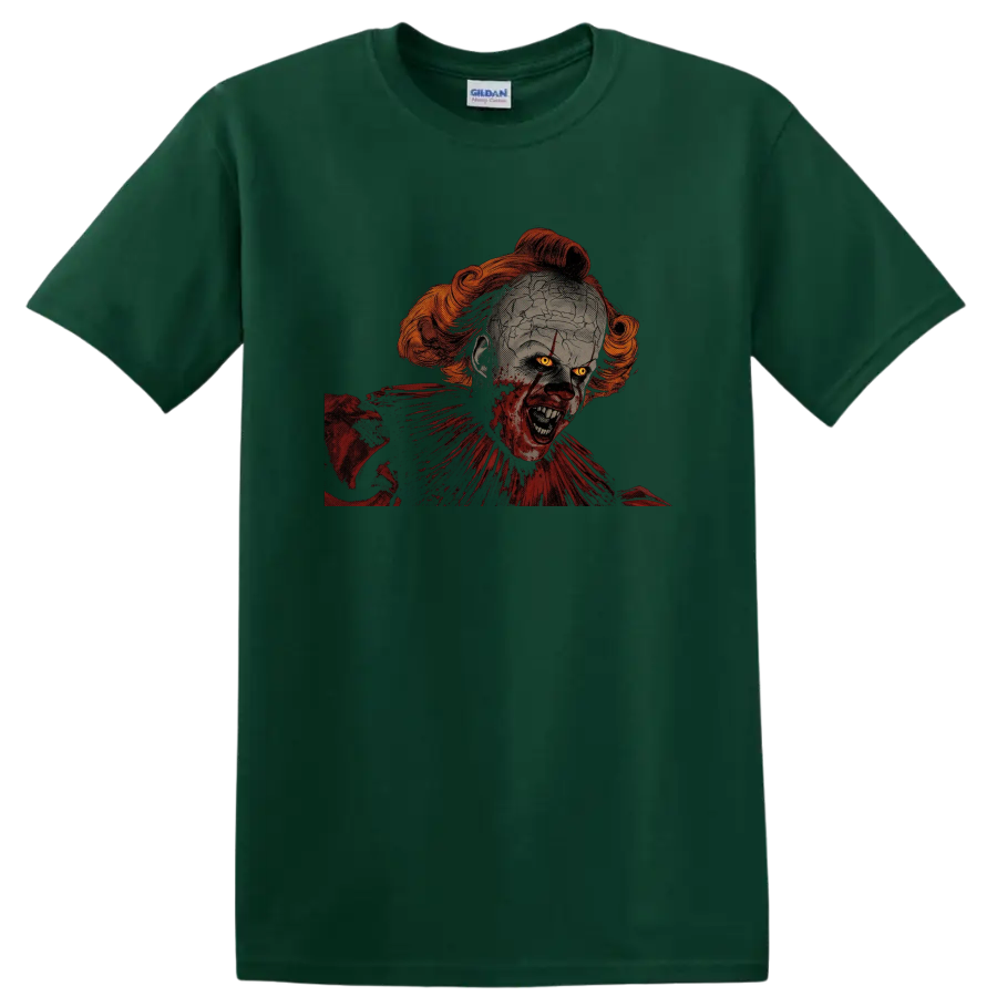 Pennywise from It cracked face horror clown graphic on a Forest Green T Shirt