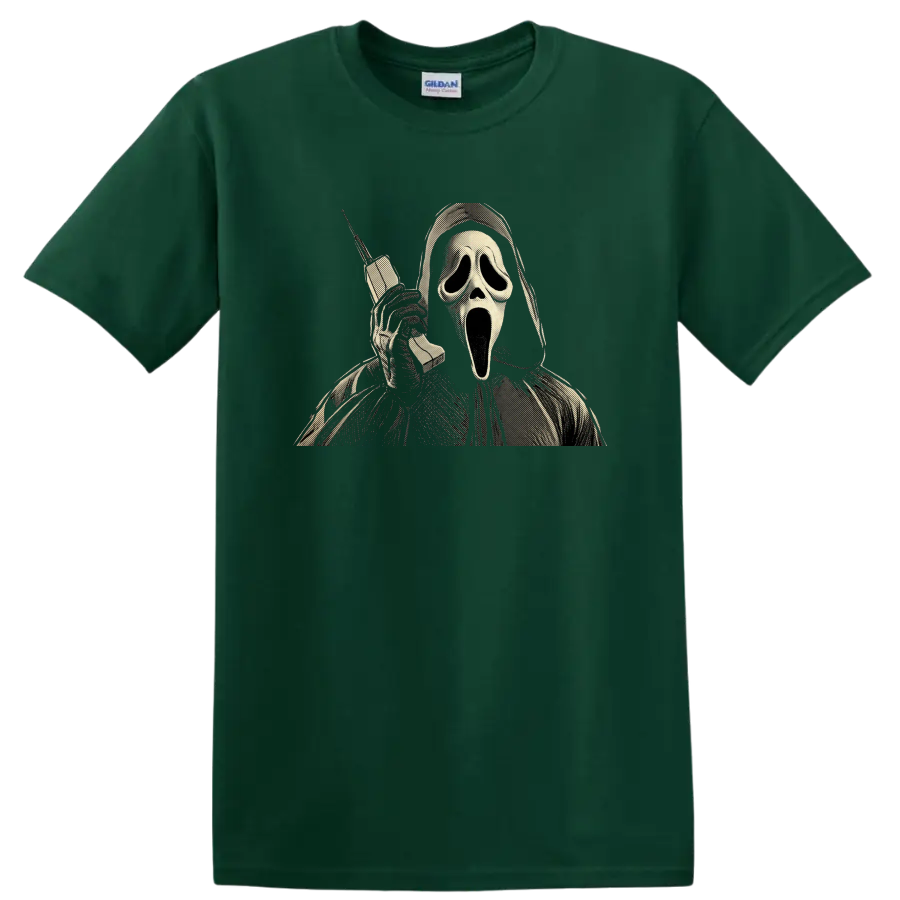 Vintage Ghostface Scream horror graphic holding a telephone on a Forest Green T Shirt