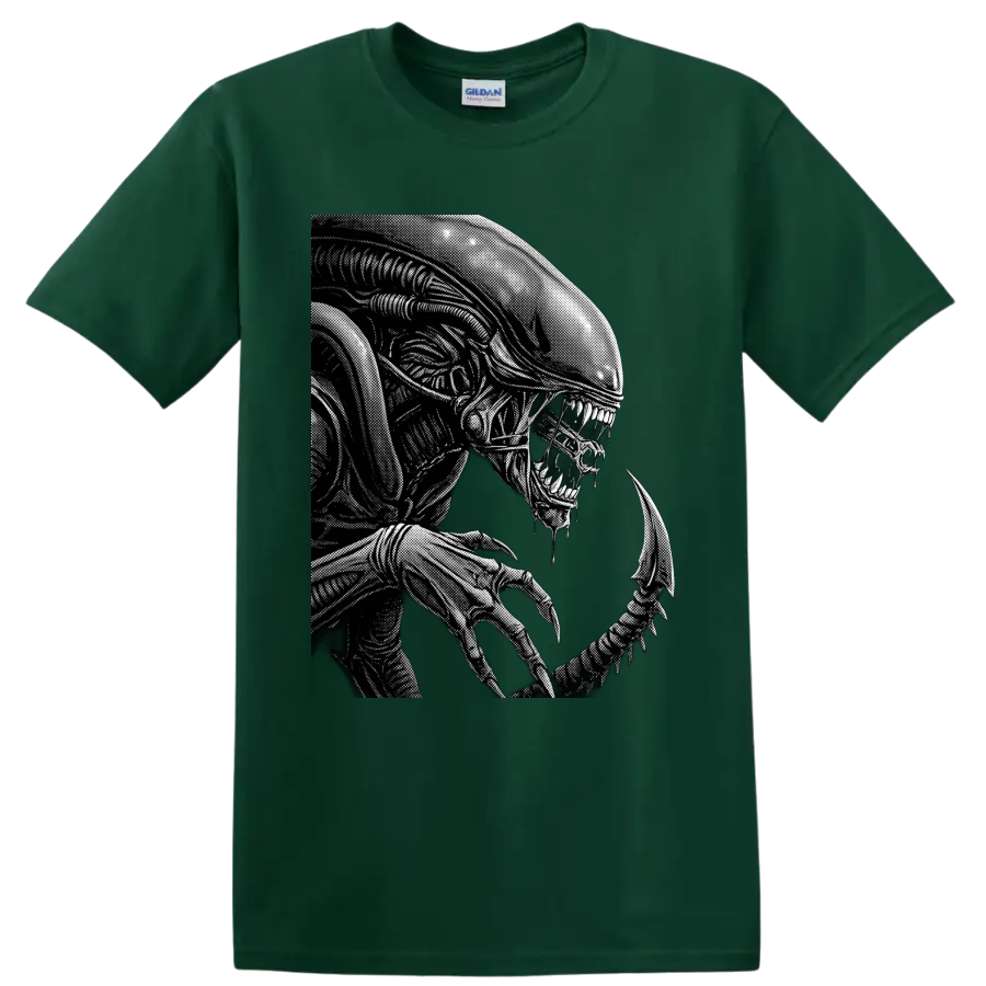 Monochrome Xenomorph Alien biomechanical horror creature graphic on a Forest Green T Shirt