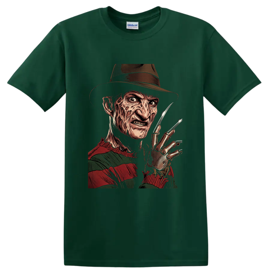 Freddy Krueger vintage comic horror portrait with bladed glove on a Forest Green T Shirt