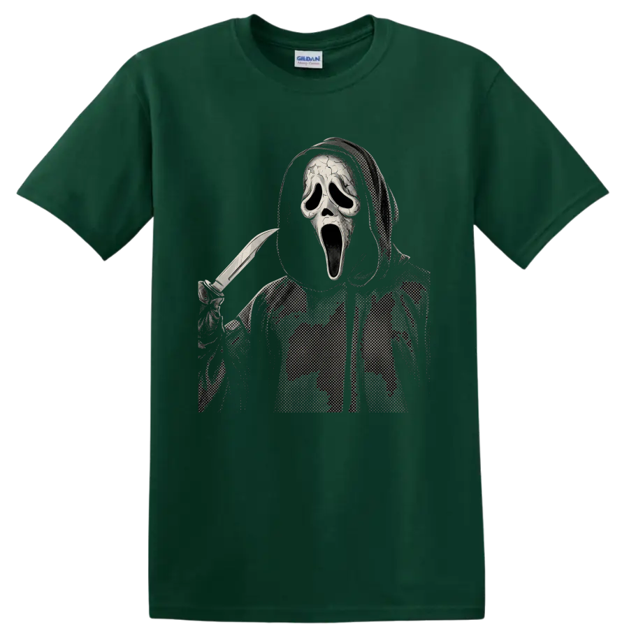 Ghostface holding a knife in a distressed halftone horror graphic on a Forest Green T Shirt