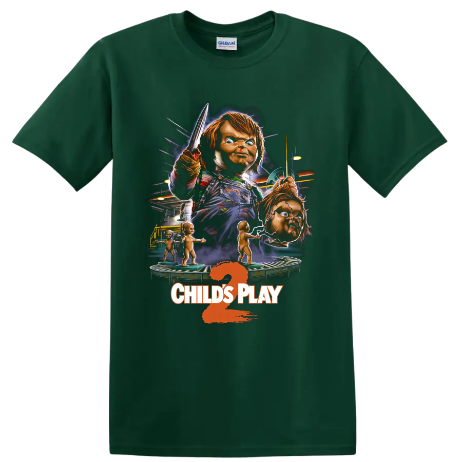 Chucky Child's Play 2 toy factory horror graphic with knife and CHILD'S PLAY text on a Forest Green T Shirt