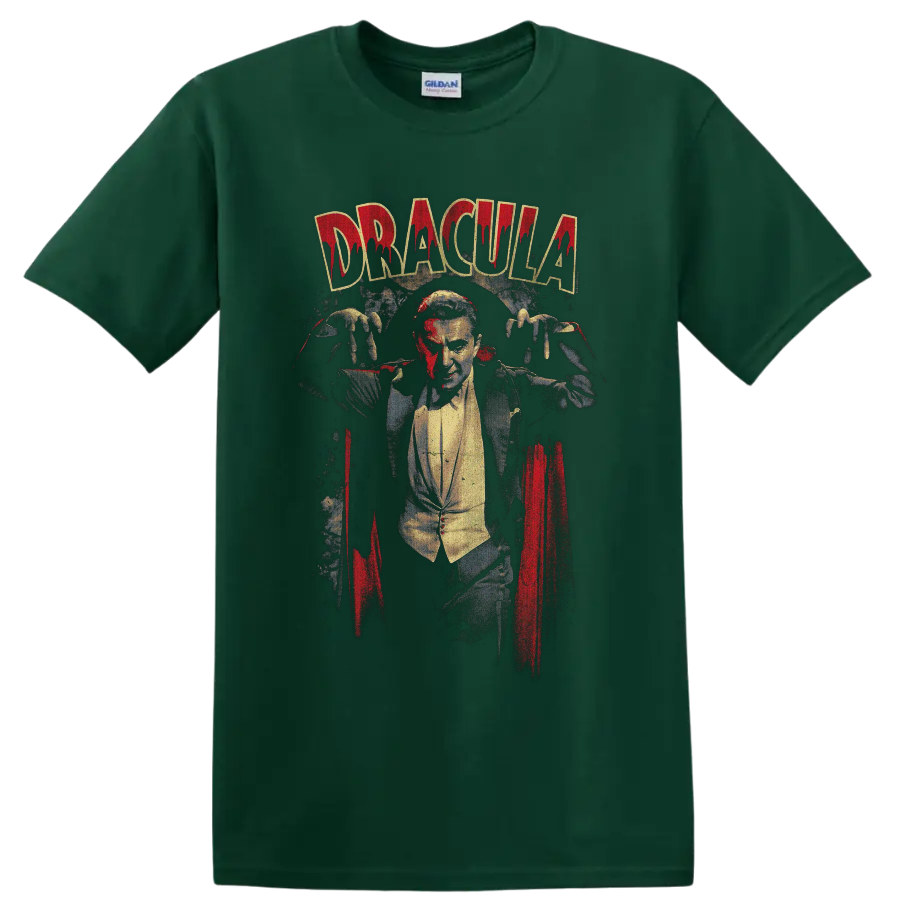Bela Lugosi as Count Dracula vintage horror graphic with Dracula text on a Forest Green T Shirt