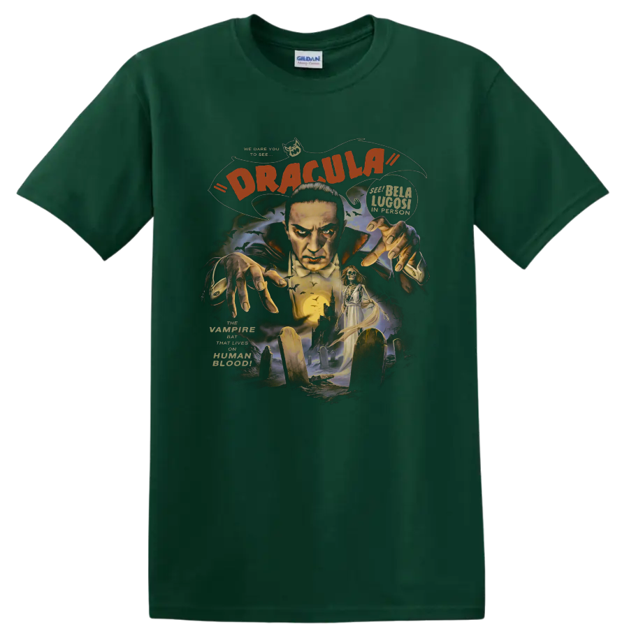 Bela Lugosi as Count Dracula vintage gothic graveyard horror graphic on a Forest Green T Shirt