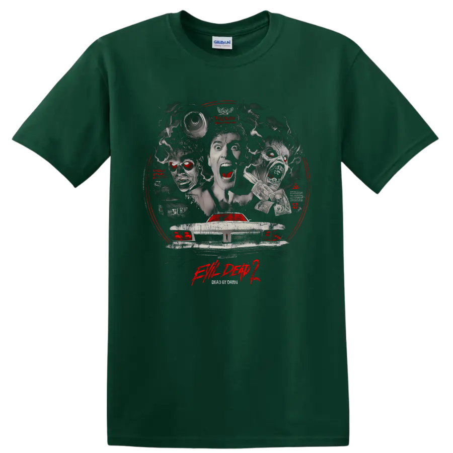 Evil Dead II horror collage with possessed faces and haunted car on a Forest Green T Shirt