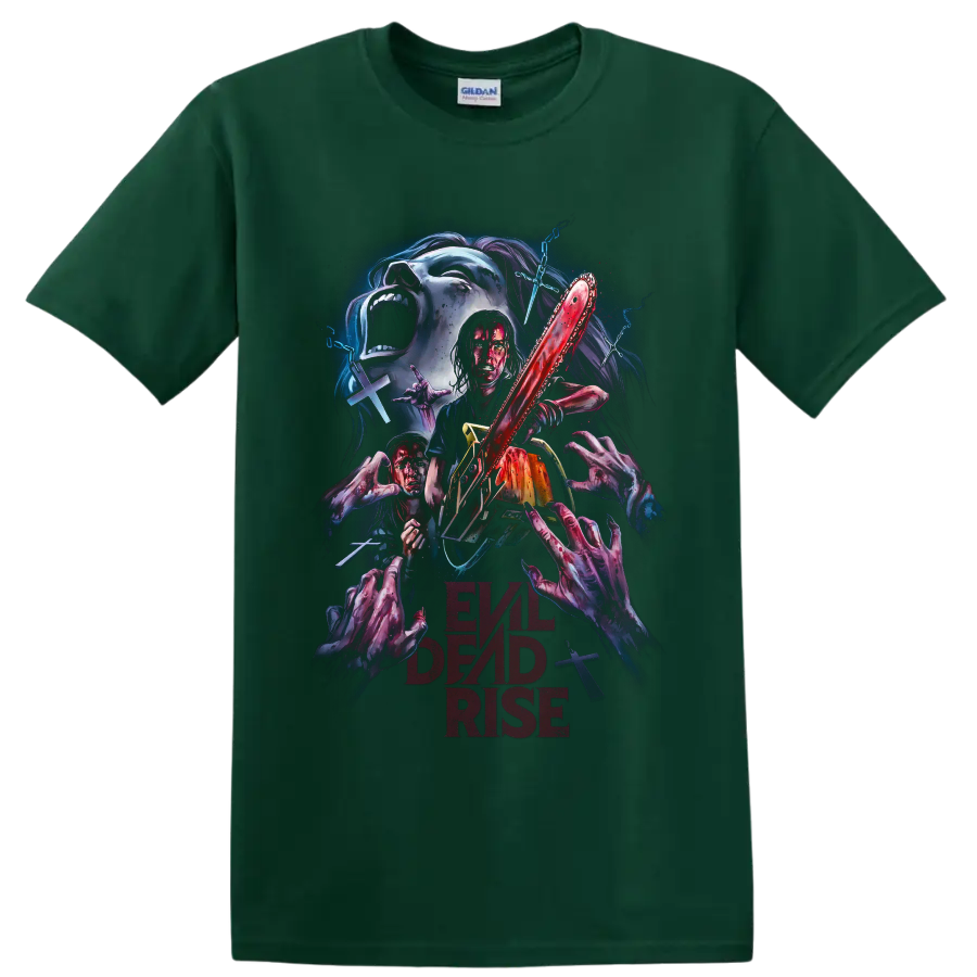 Evil Dead Rise horror chainsaw graphic with undead hands and demon imagery on a Forest Green T Shirt