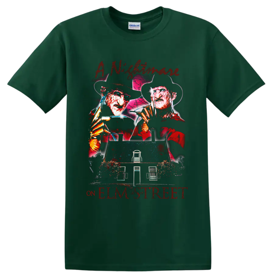 Freddy Krueger A Nightmare on Elm Street horror graphic with haunted house on a Forest Green T Shirt