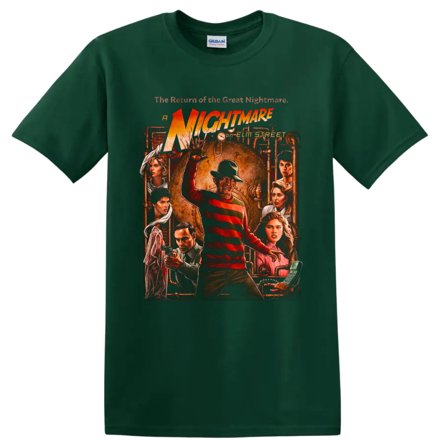 Freddy Krueger vintage horror poster graphic with A Nightmare on Elm Street text on a Forest Green T Shirt