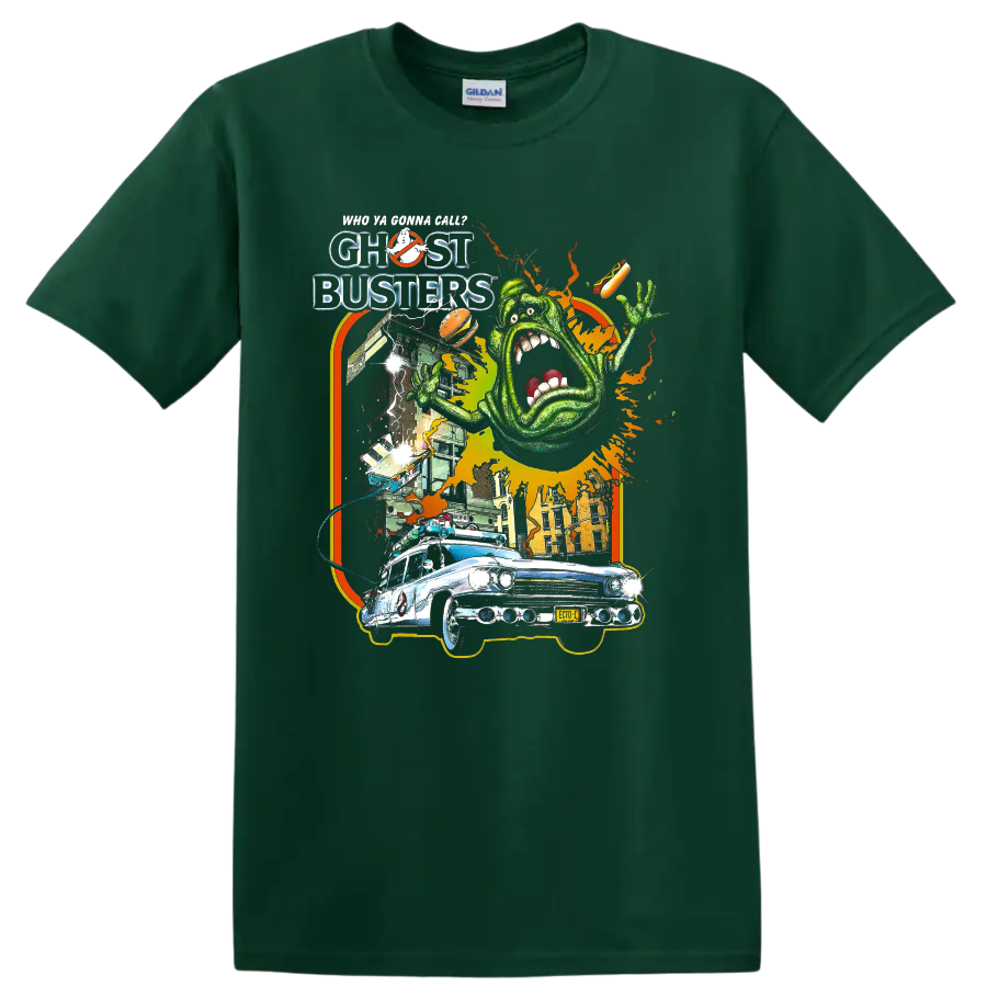 Slimer and Ecto-1 Ghostbusters retro horror graphic on a Forest Green T Shirt