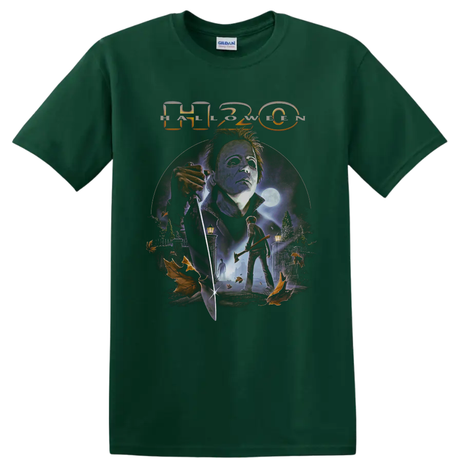 Michael Myers H20 moonlit slasher horror graphic with knife on a Forest Green T Shirt