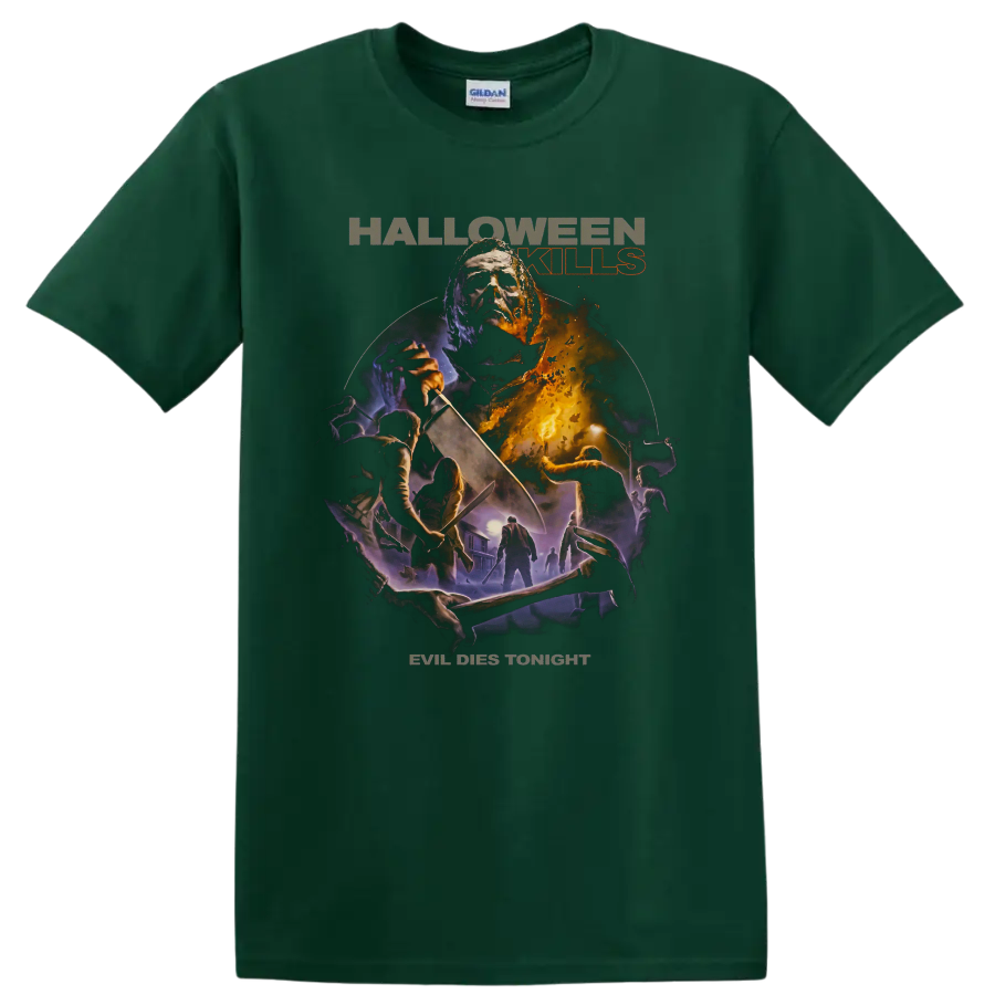Michael Myers Halloween Kills slasher collage with knife and horror text on a Forest Green T Shirt