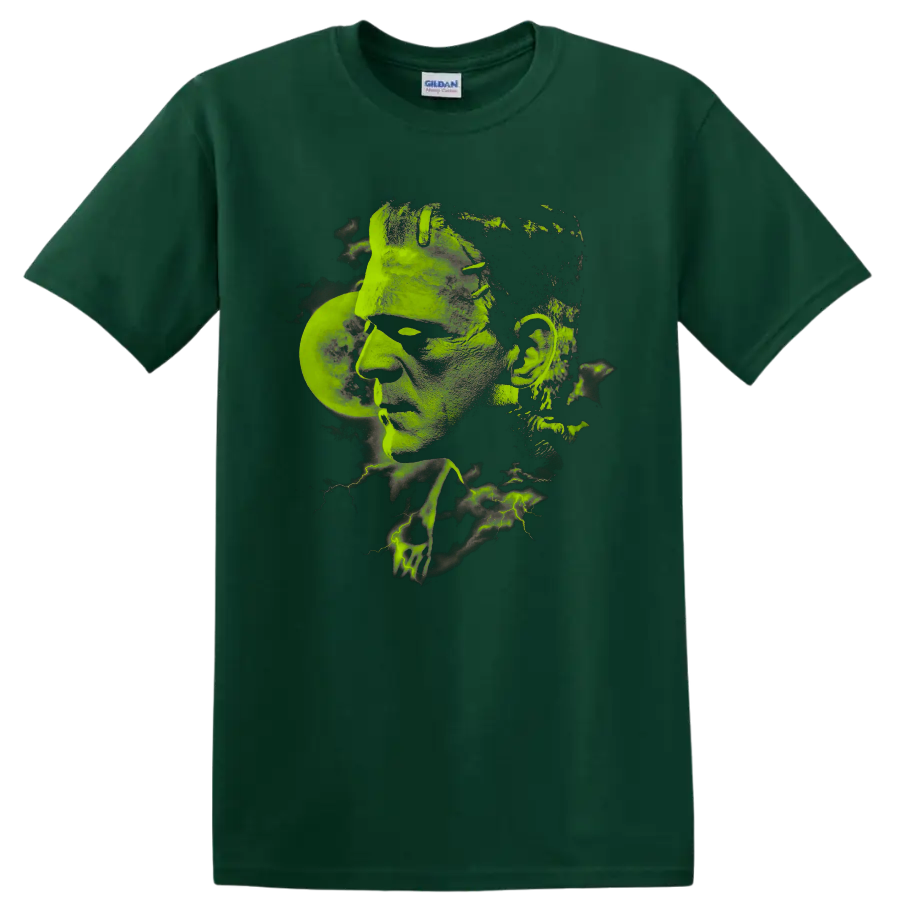 Boris Karloff as Frankenstein's Monster in distressed green gothic artwork on a Forest Green T Shirt