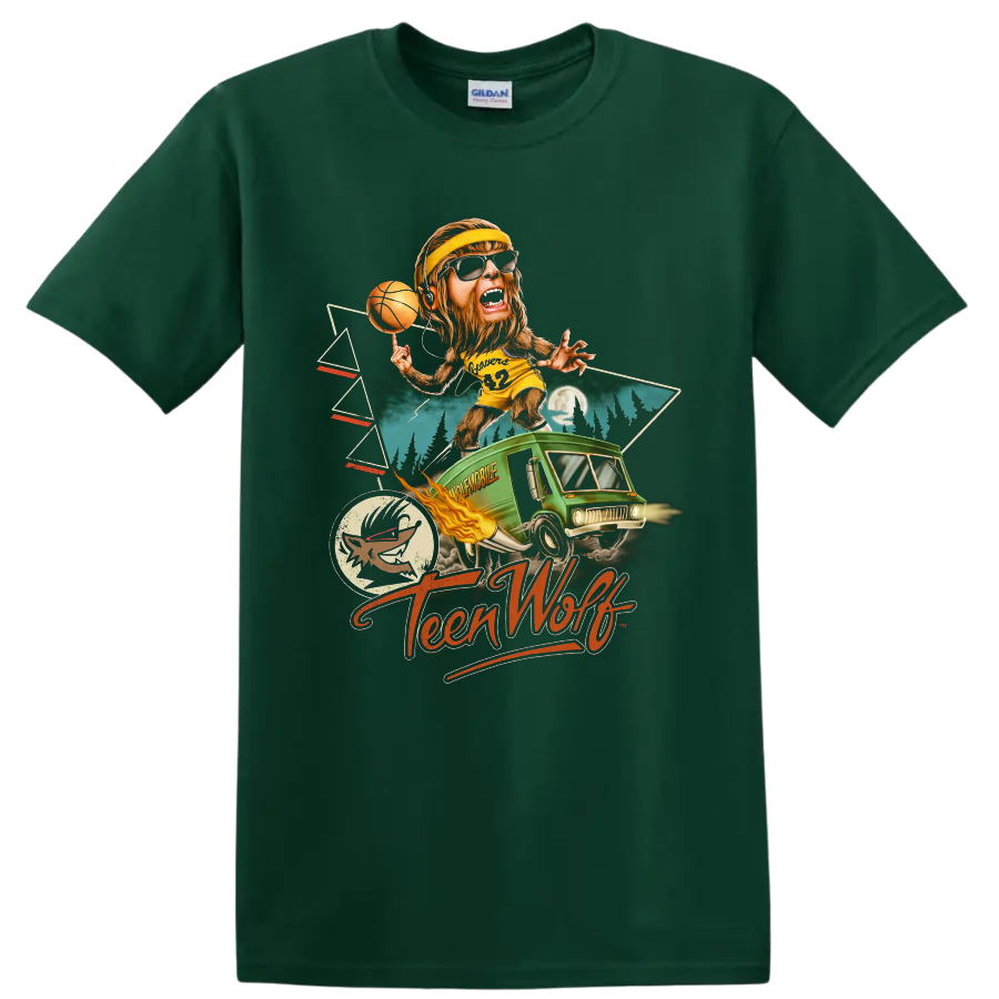 Scott Howard as a basketball-playing werewolf with Teen Wolf script on a Forest Green T Shirt