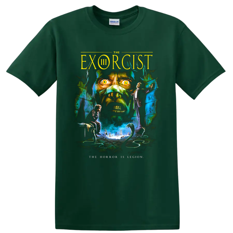 The Exorcist III gothic horror poster art with a glowing-eyed demon face on a Forest Green T Shirt