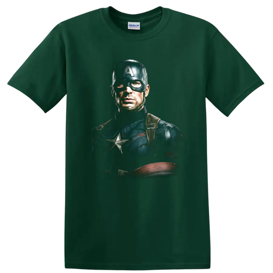 Captain America Chris Evans cinematic superhero portrait with shield on a Forest Green T Shirt