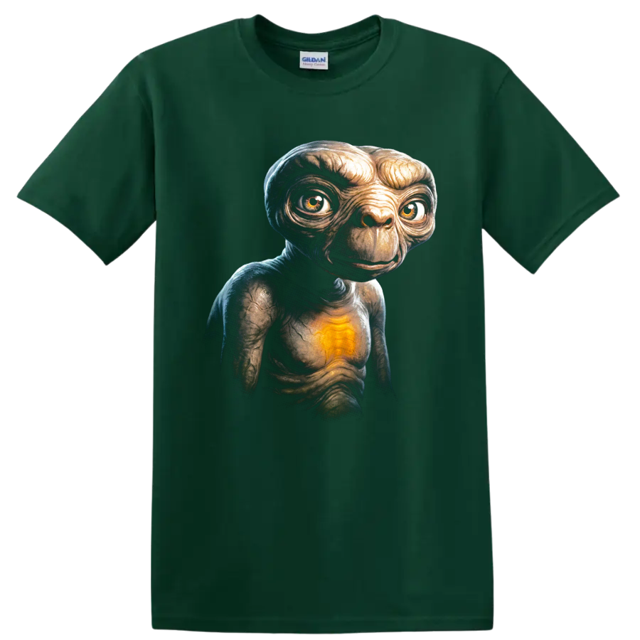 E.T. glowing heart alien portrait graphic print on a Forest Green T Shirt