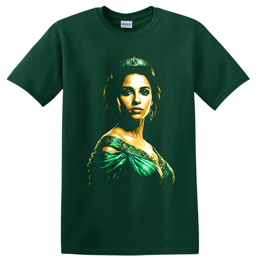 Princess Jasmine portrait from Aladdin in emerald and gold fantasy art on a Forest Green T Shirt