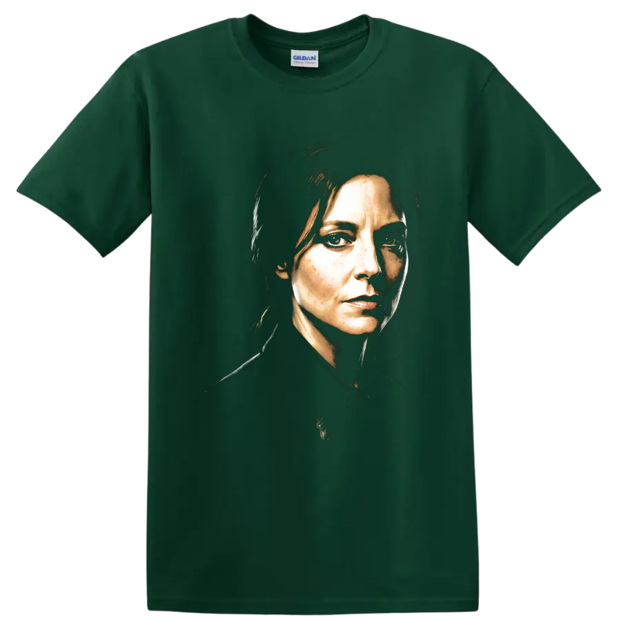 Carol portrait from Pluribus in dramatic painterly character art on a Forest Green T Shirt
