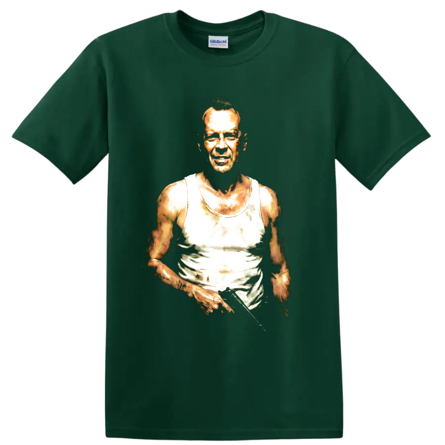 John McClane from Die Hard in a gritty high-contrast portrait on a Forest Green T Shirt