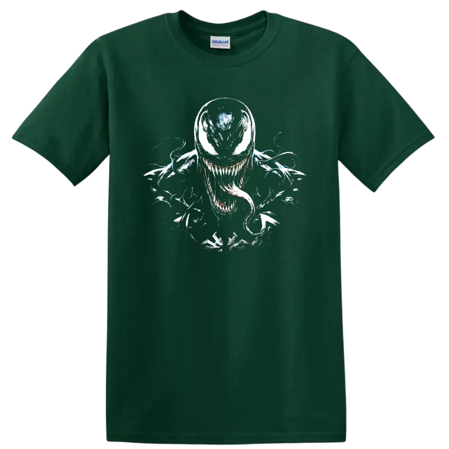 Venom symbiote monster graphic with sharp teeth and curling tongue on a Forest Green T Shirt
