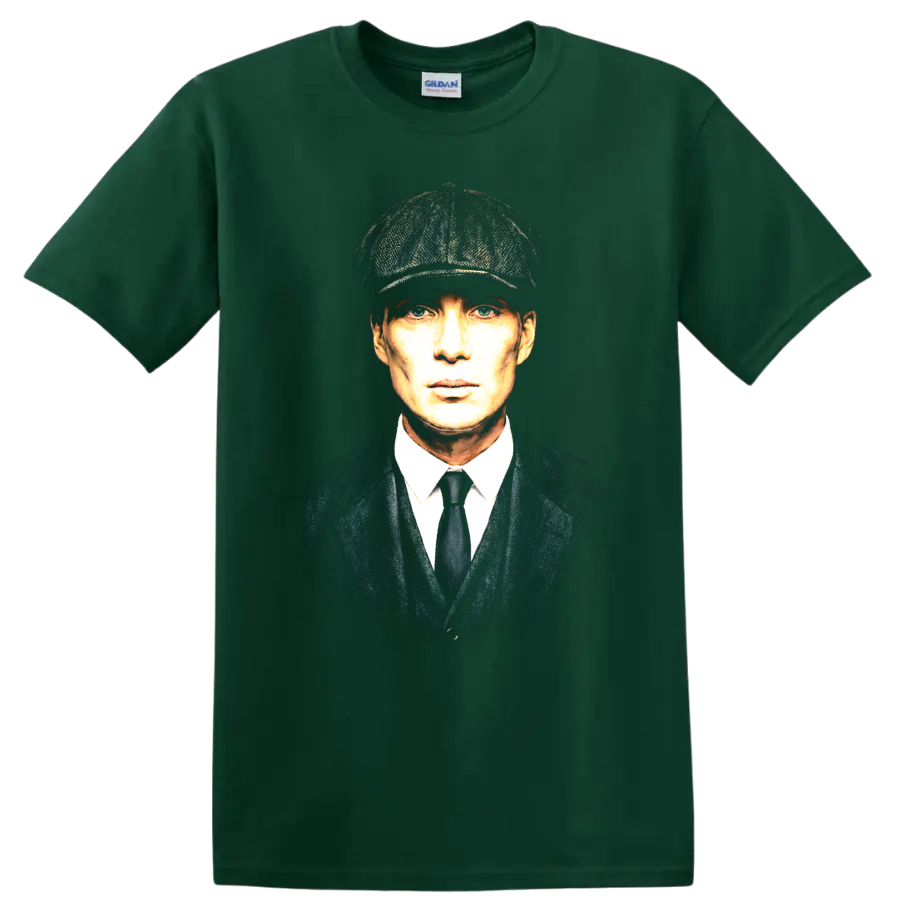 Thomas Shelby portrait in flat cap and suit, vintage graphic print on a Forest Green T Shirt