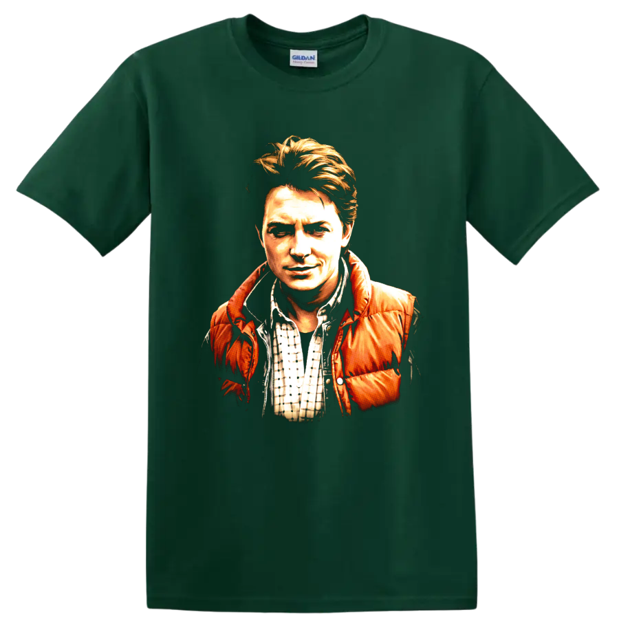 Marty McFly Back to the Future vintage painted portrait graphic on a Forest Green T Shirt