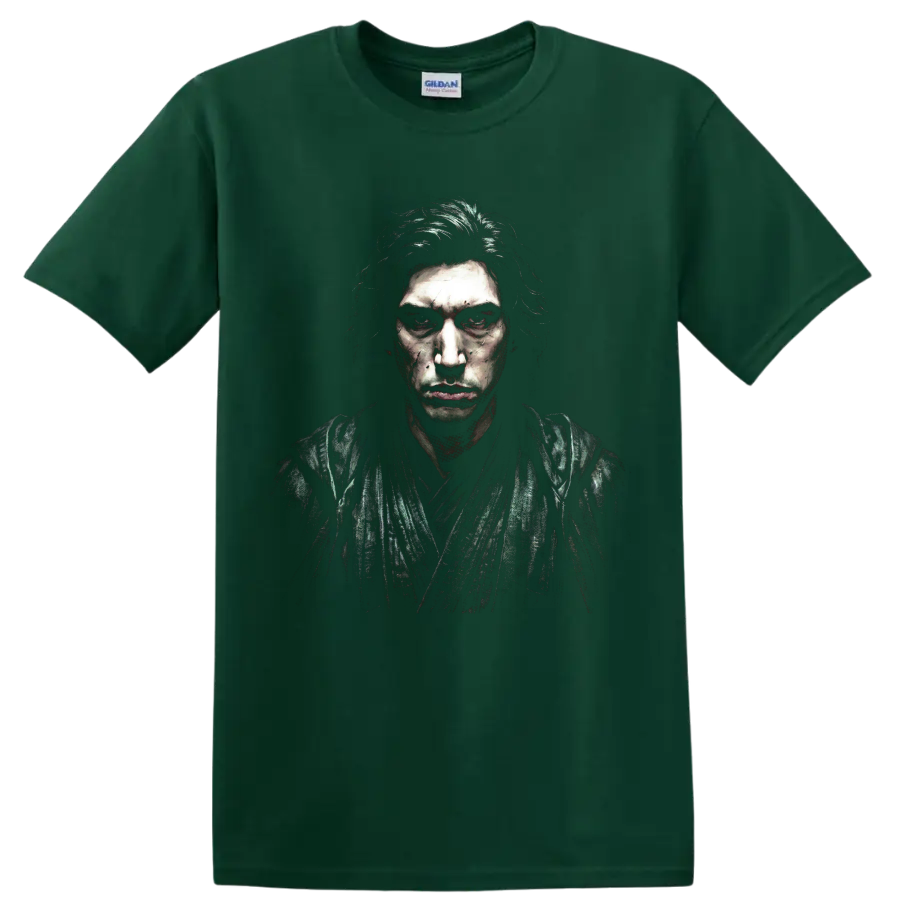 Kylo Ren Adam Driver dark distressed portrait graphic on a Forest Green T Shirt