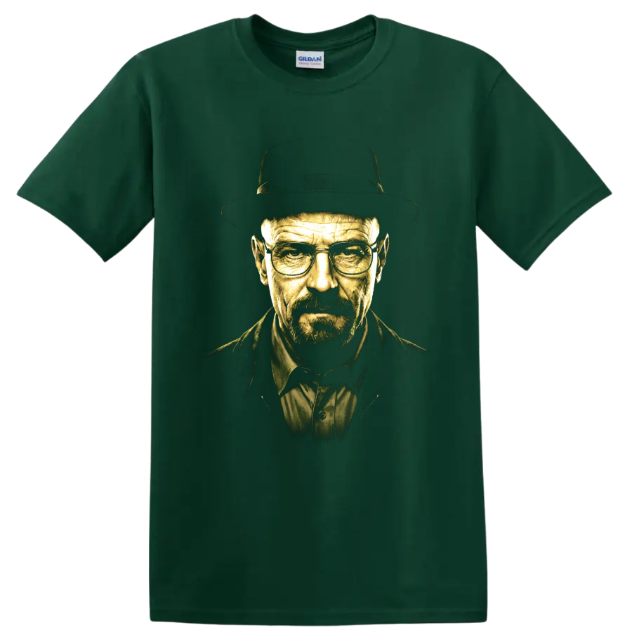 Walter White Breaking Bad portrait graphic with hat and glasses on a Forest Green T Shirt