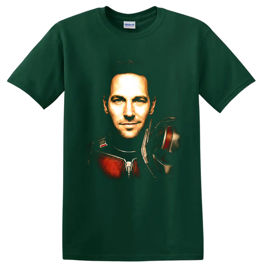Scott Lang Ant-Man portrait in red and black armored suit on a Forest Green T Shirt