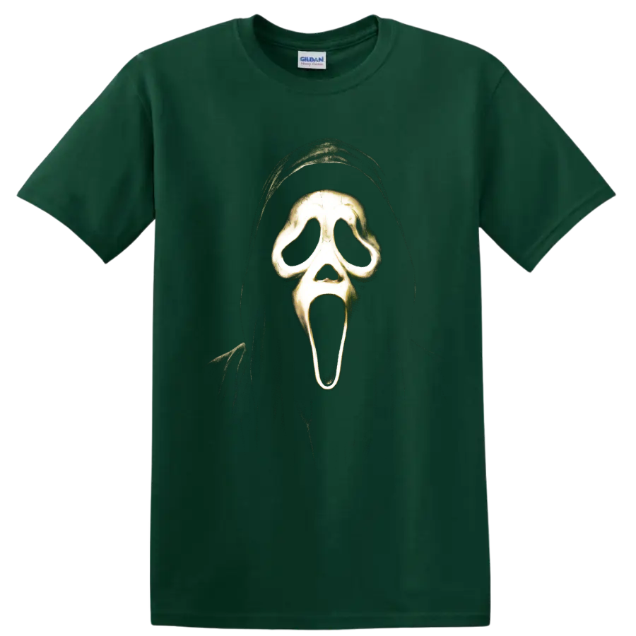 Ghostface hooded screaming mask horror graphic from Scream on a Forest Green T Shirt