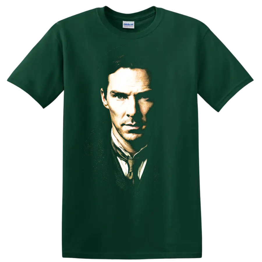 Benedict Cumberbatch as Sherlock in a dramatic high-contrast portrait on a Forest Green T Shirt