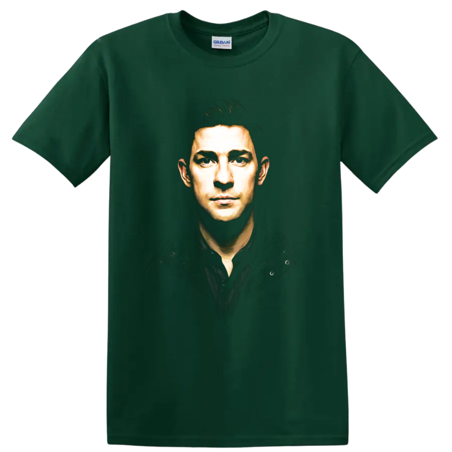 Jim Halpert portrait in a dramatic painterly graphic style on a Forest Green T Shirt