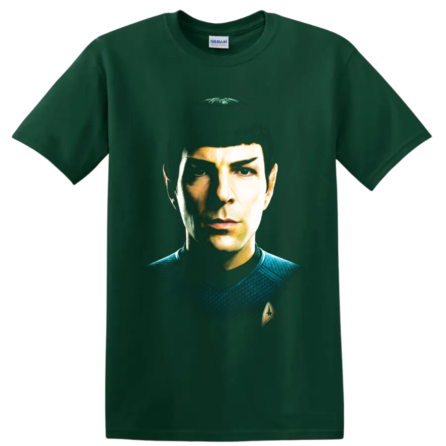 Spock Star Trek portrait graphic with pointed ears and Starfleet insignia on a Forest Green T Shirt