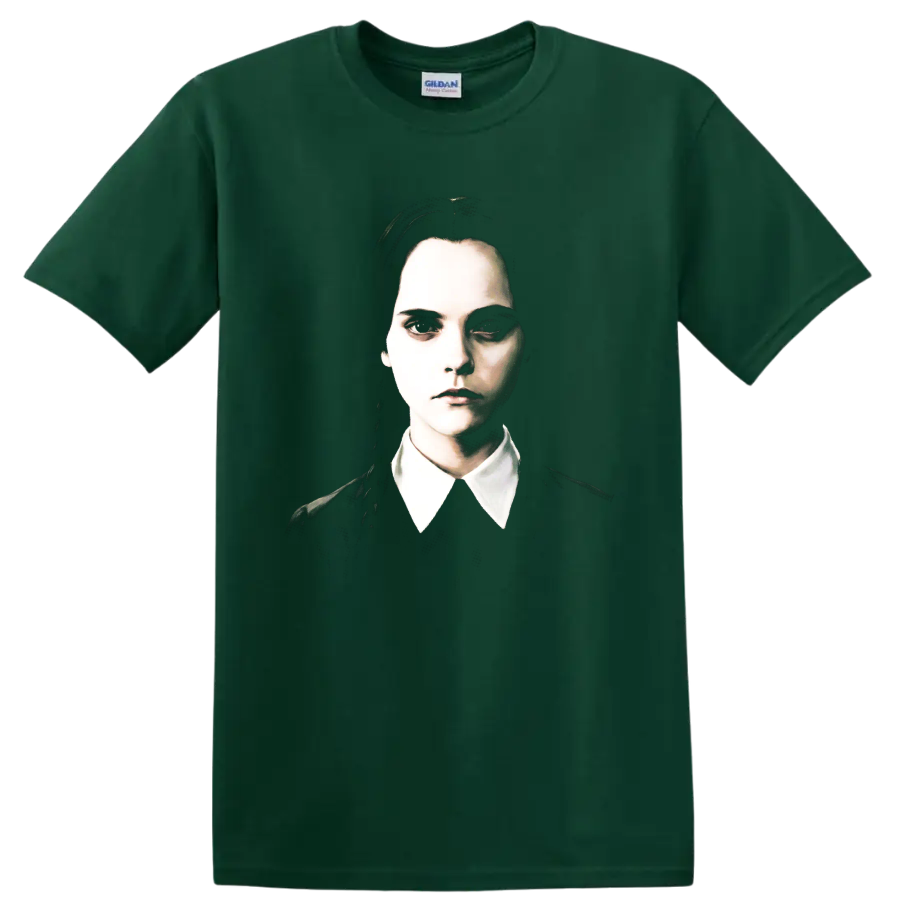Wednesday Addams gothic portrait with white collar on a Forest Green T Shirt