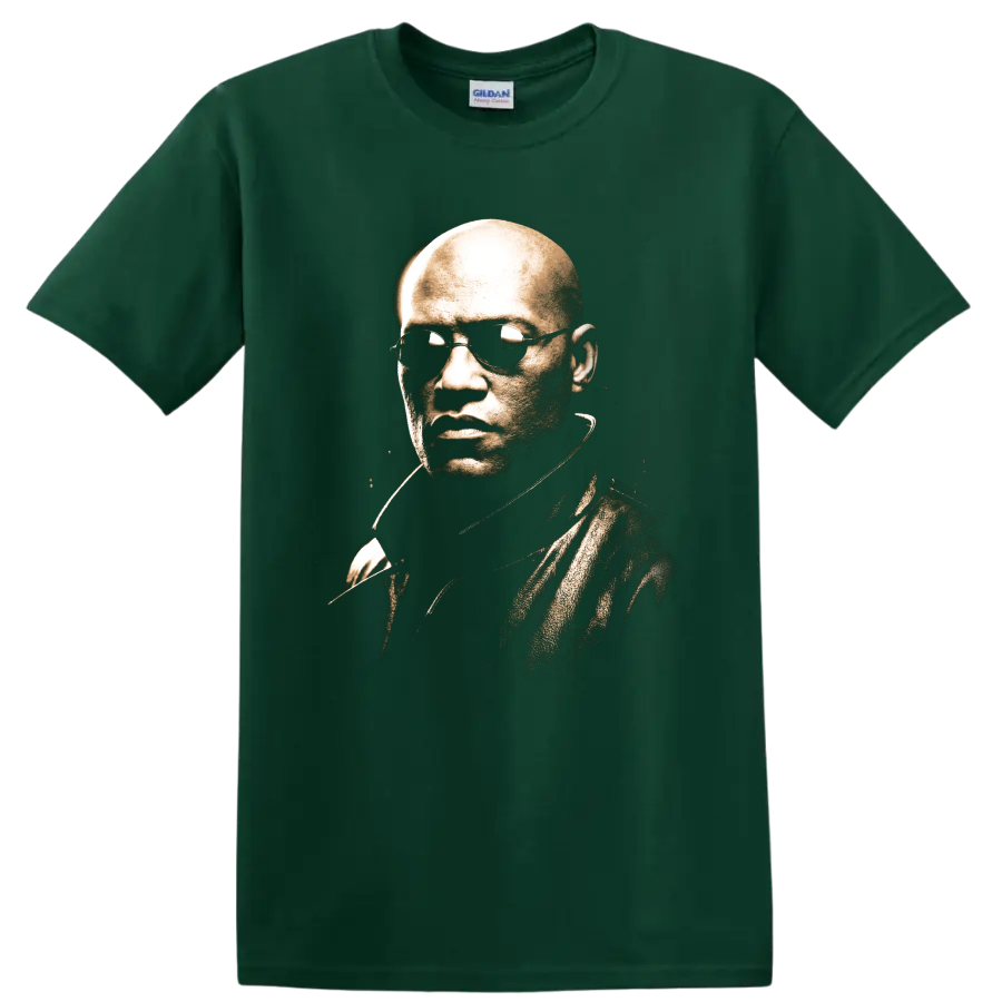 Morpheus from The Matrix sepia portrait with sunglasses on a Forest Green T Shirt