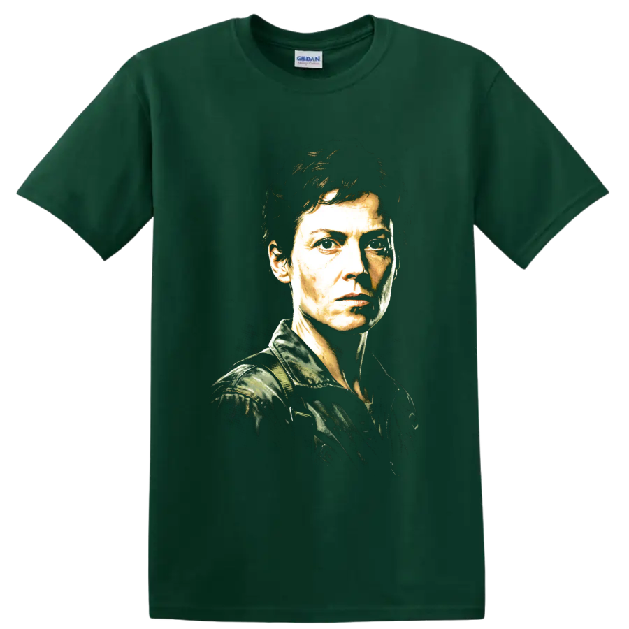 Ellen Ripley Alien portrait in a gritty high-contrast graphic style on a Forest Green T Shirt