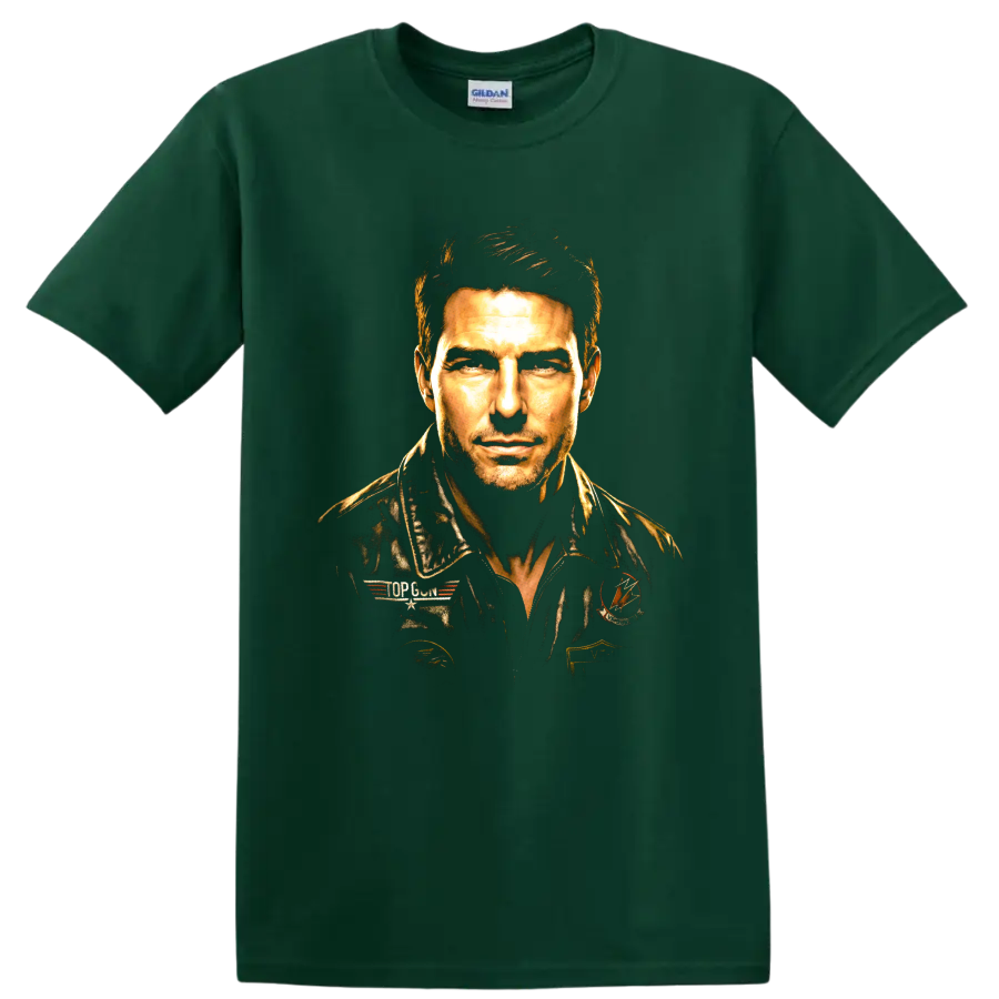 Pete Maverick Mitchell Top Gun pilot portrait graphic print on a Forest Green T Shirt