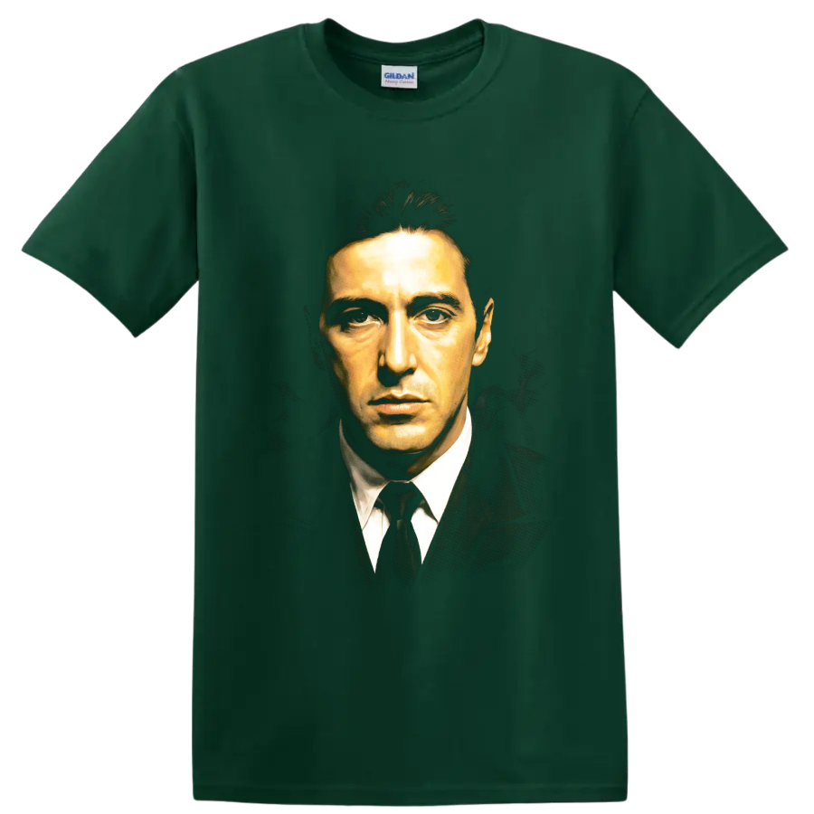 Michael Corleone portrait in dark suit, painterly cinematic graphic print on a Forest Green T Shirt