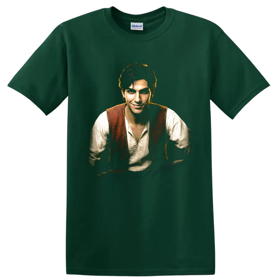 Zevran Arainai Dragon Age rogue portrait graphic print on a Forest Green T Shirt