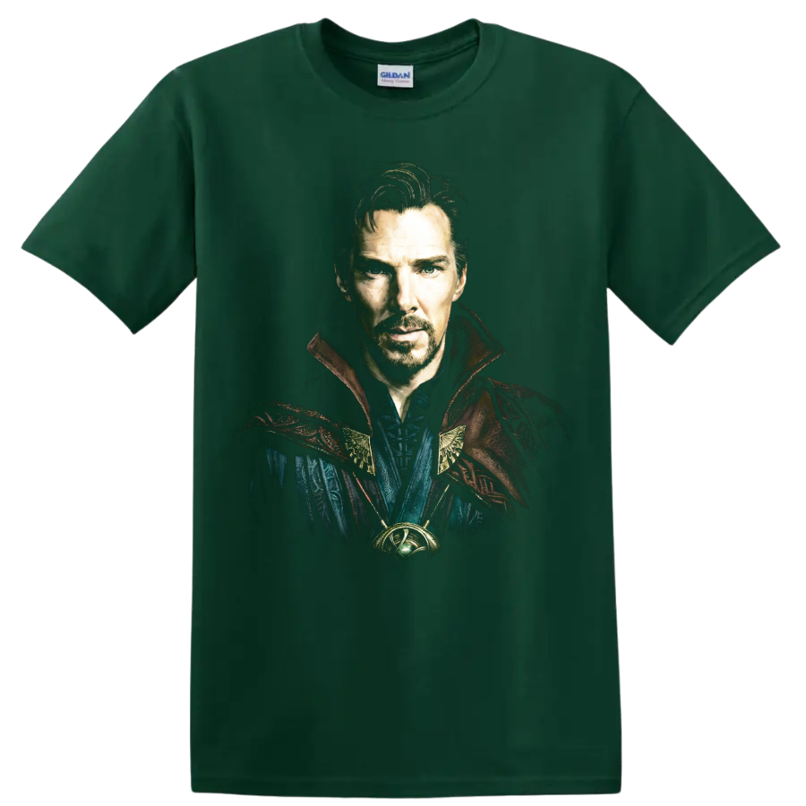 Doctor Strange mystic sorcerer portrait fantasy graphic print on a Forest Green T Shirt