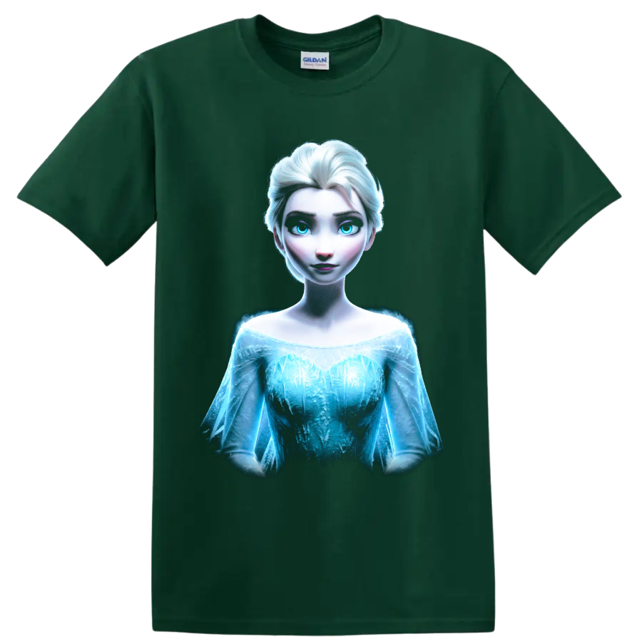 Elsa Frozen ice princess portrait graphic print on a Forest Green T Shirt