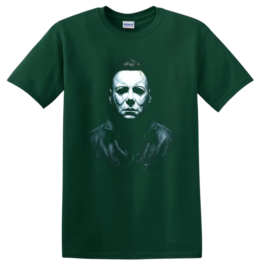 Michael Myers Halloween horror portrait graphic print on a Forest Green T Shirt