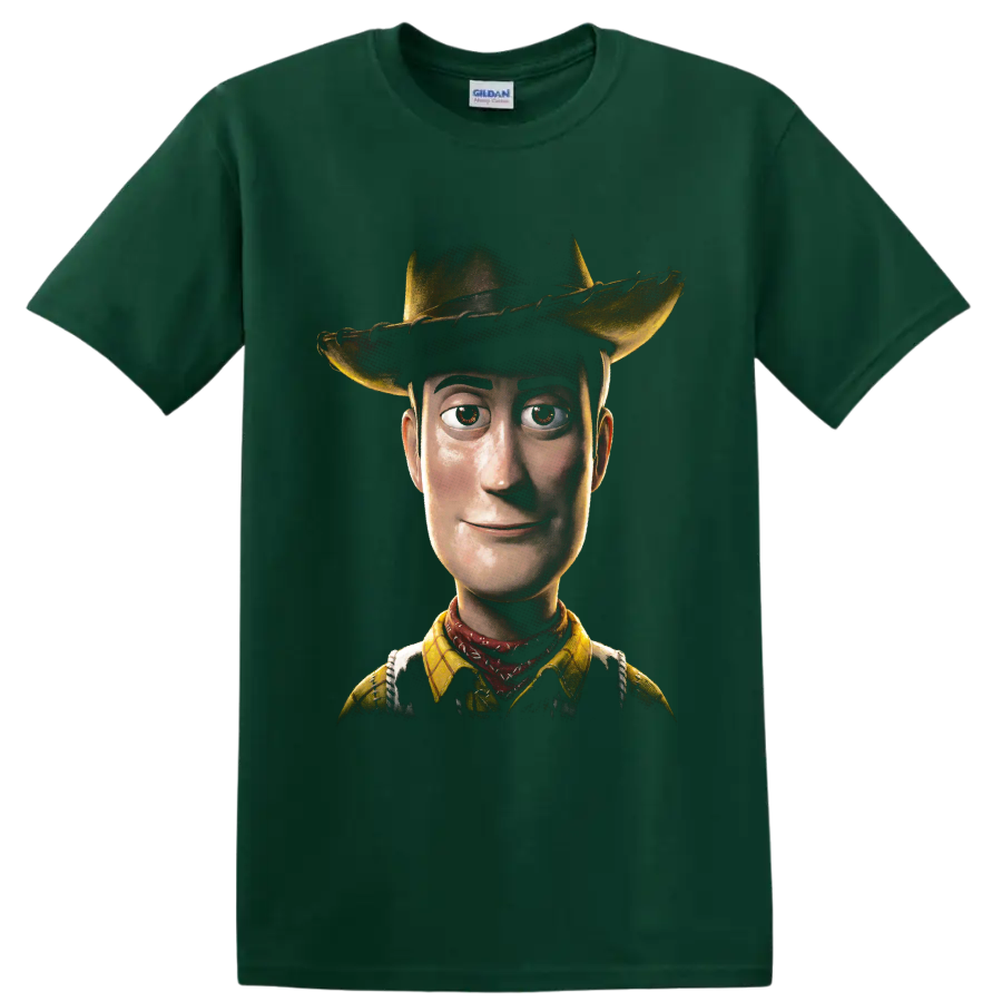 Woody from Toy Story cowboy portrait graphic print on a Forest Green T Shirt