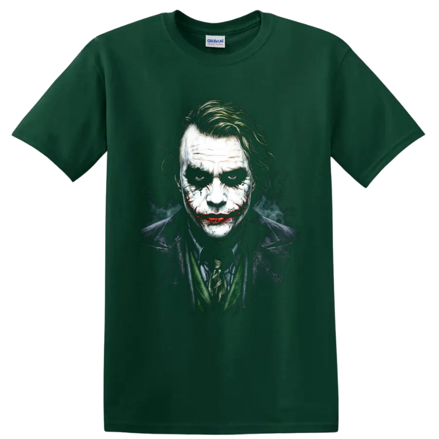 Joker from The Dark Knight gritty painted portrait graphic on a Forest Green T Shirt