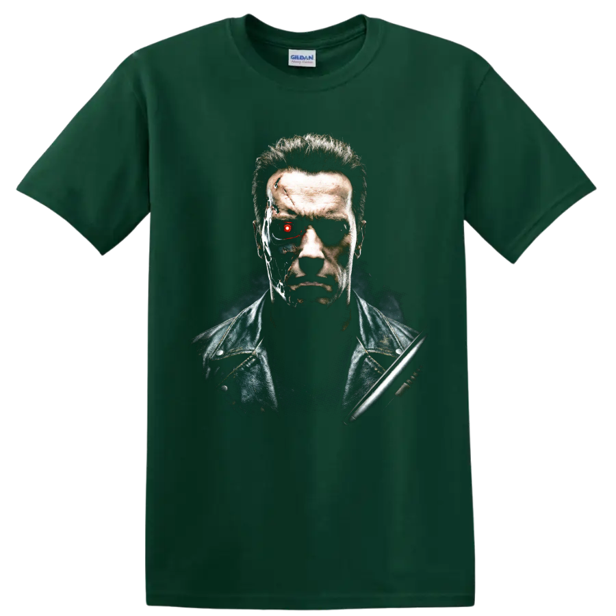 T-800 cyborg portrait from The Terminator with a glowing red eye on a Forest Green T Shirt