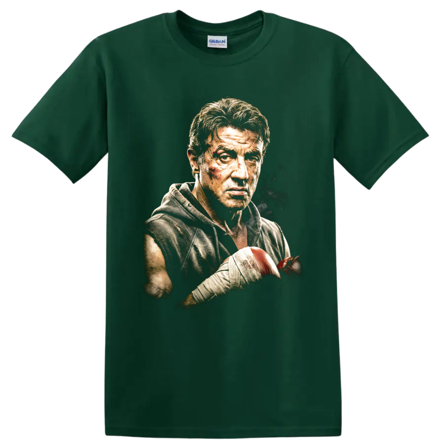 Rocky Balboa boxing portrait graphic print on a Forest Green T Shirt