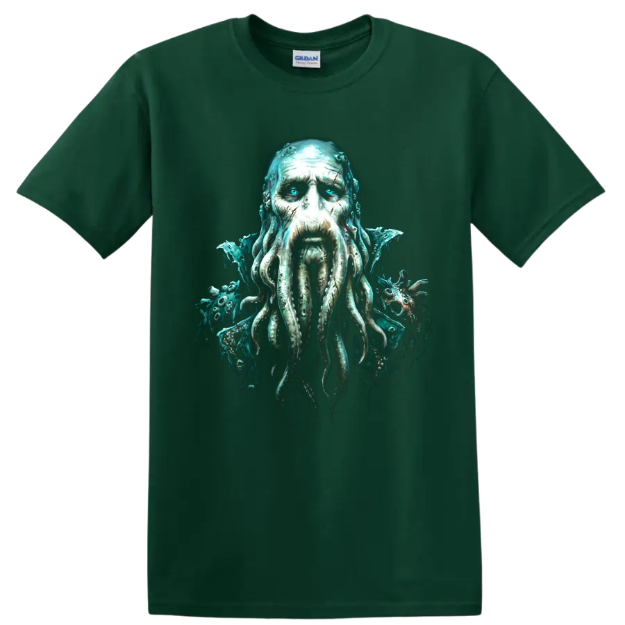 Davy Jones tentacled sea captain horror-fantasy graphic portrait on a Forest Green T Shirt